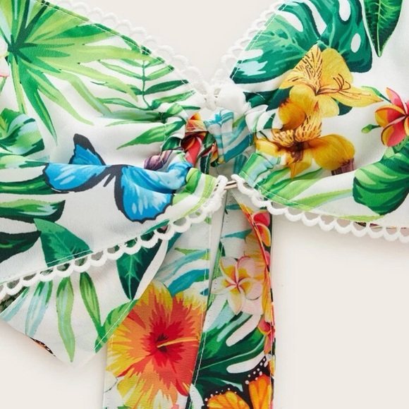 Shein XS tropical print puff sleeve tie back top and shirred ruffle hem skirt. - Picture 4 of 4